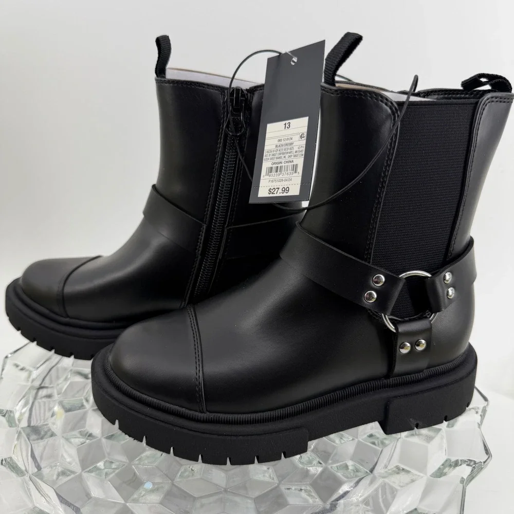 Art Class Crosby Boots Kids Size 13 Black Harness Lug Sole Zip Up Moto Biker New